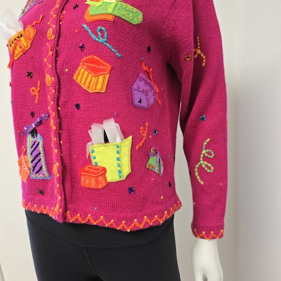 Susan Bristol PS Petite Small Cardigan Party Presents Holiday Pink Button Front - Picture 6 of 11
